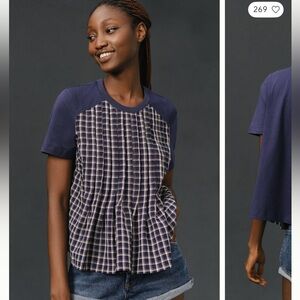 Anthropologie Blue and‎ White Plaid Short Sleeve Pleated Shirt Size M